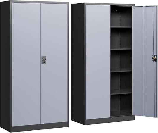 Yizosh Metal Garage Storage Cabinet with Lock, 72" Locking Tool Cabinets with 2 Doors and 4 Shelves, Heavy Duty File Cabinet for Office, School (Gray Black)