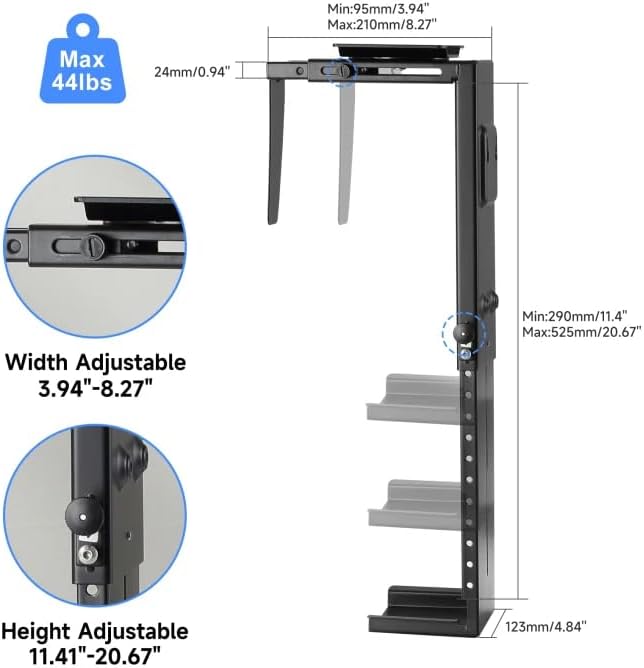 Suptek Adjustable Under Desk and Wall PC Mount,3.74 to 8.26 inch Wide Computer Case CPU Hanger Holder 360 Degree Rotatable Under-Desk PC Hanging Stand Holder Mount (ZJJ001) - Image 3