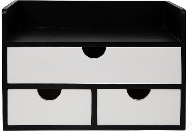 Rustic Wood Desk Organizer with Drawers,3-Drawer Desktop Storage Box | Two-Tone Black & White‌ 3 Drawers Shelf Pens, Notes, Makeup, Jewelry & Toiletries for Office, Bath Vanity Office Supplies - Image 6