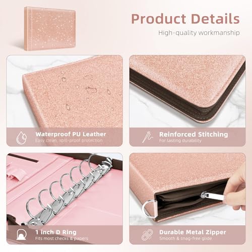 Ospelelf Rose Gold Zippered 7 Ring Check Binder for Business Checks (9" x 13"), 1 Inch Faux Leather Checkbook Portfolio with Zipper Pouch, Professional Binder Organizer for Accountants, Home Use - Image 3
