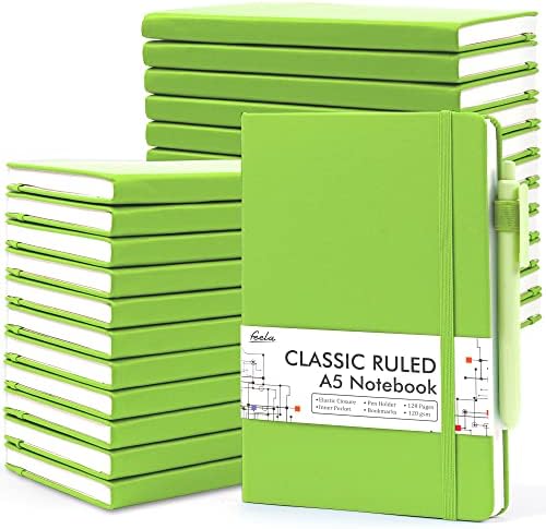 feela 24 Pack Journal Notebook Bulk for Work, Business Notebook Hardcover Lined Writing Journal with Pen Holder for Men Women Note Taking, with 24 Black Pens, 120 GSM, 5.1”x8.3”, A5, Green by feela