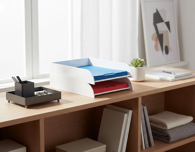OSCO High Gloss White Plastic Stacking Letter Tray | A4 | Easily Stackable | Desk File Organiser | Paper Storage | Office Document Sorter | Paperwork Filing | No Risers Required | H6 x W24.5 D33 cm - Image 5