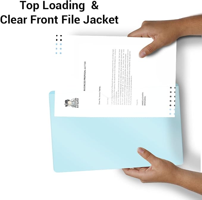 Doctor Stuff- 50 Pack, Vinyl Plastic Pocket File Folders Closed Sides, Legal Size, Clear Front Top Loading Job Jacket, Documents Holder for Office, High School and Medical Files, Light Blue - Image 5