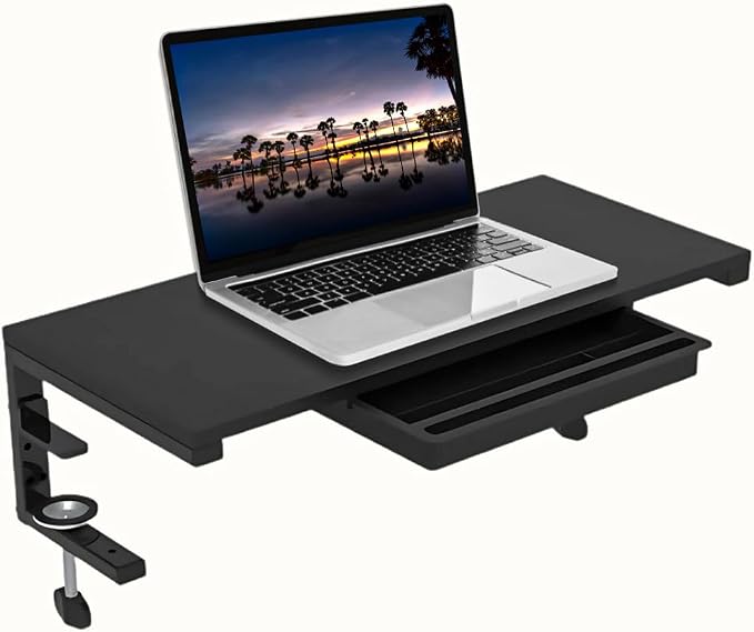 Ergonomic Clamp-On Laptop and Computer Monitor Riser Stand with Drawer, 21.6 x 9.8 inch - Black |Laptop Stand for Desk, Monitor Riser, Desk Organizer, Office Desk Home Workspace by ThriveHive