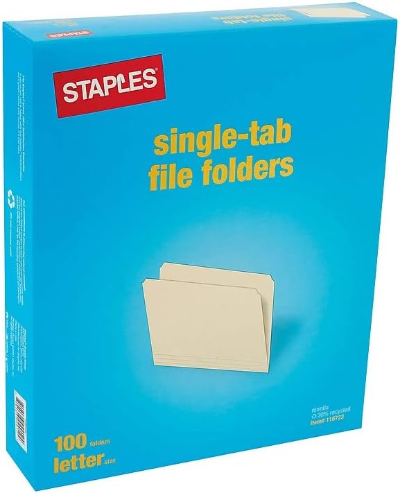 Staples Single‑Tab File Folders, Letter Size, Manila, Durable Paper Stock, 100/Box - Image 5