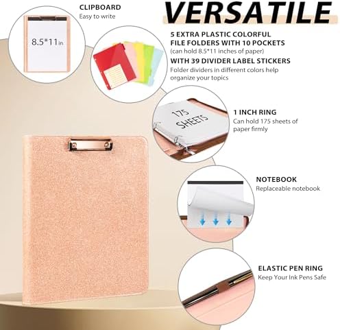 Leather Clipboard with Storage, Zippered Padfolio Portfolio Organizer, 3 Ring Binder 1 Inch, Notepad, Tablet Sleeve, 5 Dividers with Pocket, Stickets for Office, Nurses, Students, Teachers Rose Gold - Image 3