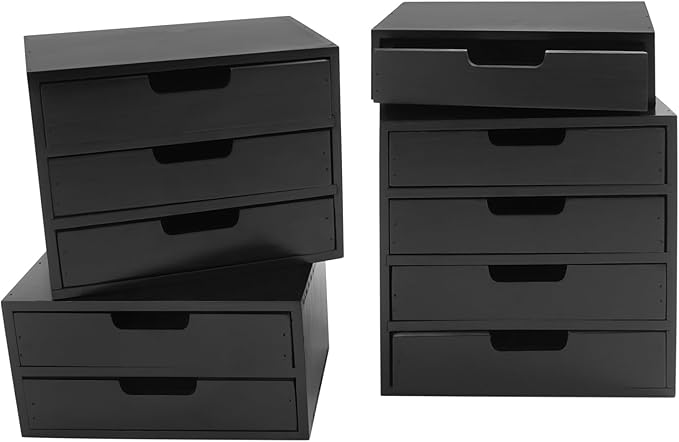 4-Piece Wood Drawer Cabinet Set, Desktop Storage Organizers, 10-Drawer Tabletop Storage Organizer, Desktop Wood Stackable Drawer Cabinet for Home Office Dormitory(Black) - Image 6