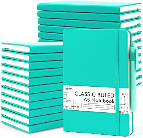 feela 24 Pack Journal Notebook Bulk for Work, Business Notebook Hardcover Lined Writing Journal with Pen Holder for Men Women Note Taking, with 24 Black Pens, 120 GSM, 5.1”x8.3”, A5, Aqua by feela
