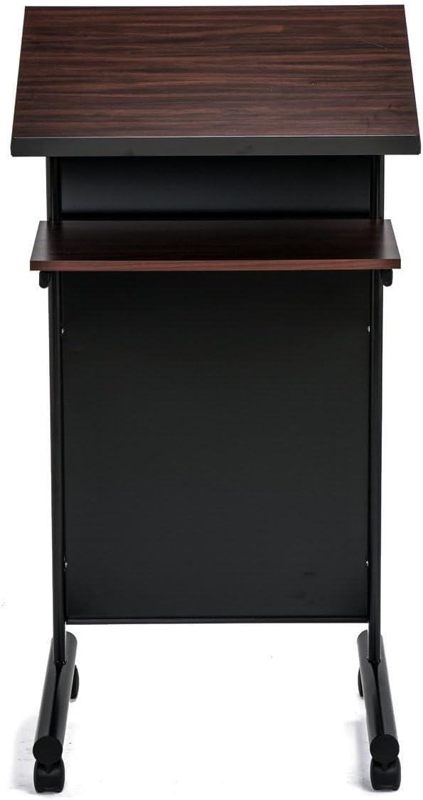 Wheeled Lectern Podium - Standing Desk with Storage Shelf - Cherry/Black - Ideal for Presentations and Laptop Use - Image 4