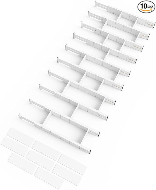 SpaceAid Bamboo Drawer Dividers with Inserts and Labels, Kitchen Adjustable Drawer Organizers, Expandable Organization for Home, Office, Dressers, 10 Dividers with 24 Inserts (17"-22" White) by SpaceAid