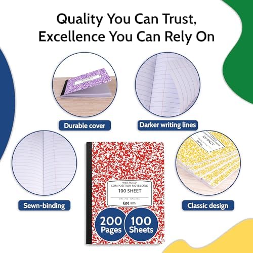12 Pack - EPI Wide Ruled Composition Notebook Assorted Marble Colors - 200 Pages (100 Sheets), 9-3/4 x 7-½ - Classroom Back to School Supplies, Heavy Duty, Durable Hardcover Office Notebooks, Sewn - Image 2