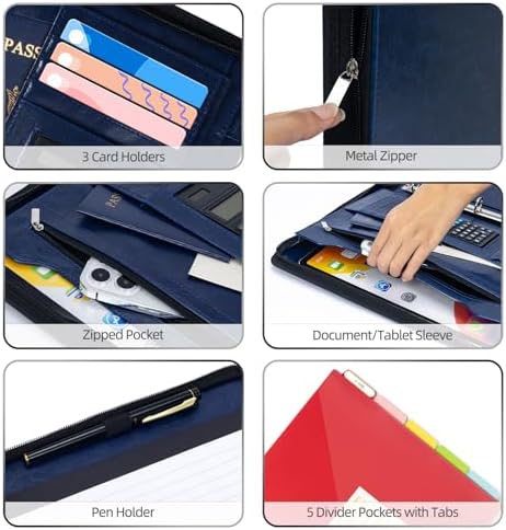 Ospelelf 3 Ring Portfolio Binder with Zipper, Leather Clipboard with Storage, Padfolio Folder for Men, 12.1” Tablet Sleeve, 5 Dividers with Pocket, Refillable Notepad, Card Slot (Navy Bule) - Image 4