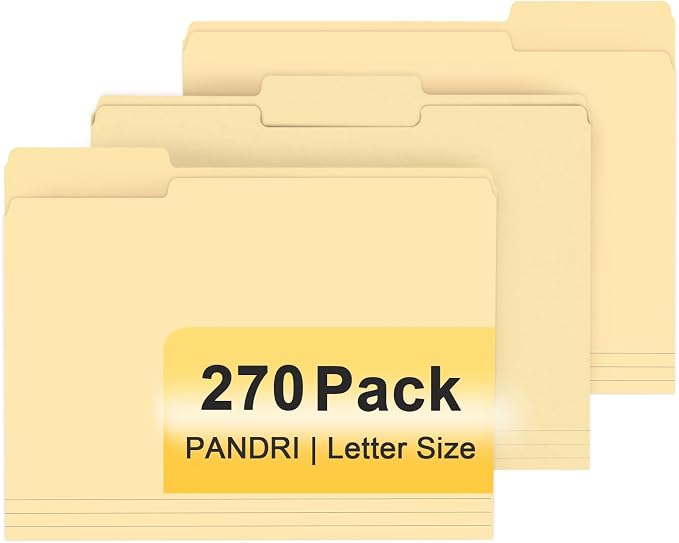 File Folder, PANDRI 270 Pack File Folder, 1/3 Cut Tab, Letter Size, Filing Folder for Office School Business, Manila by PANDRI