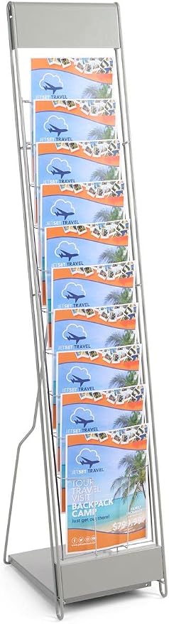 Displays2go Portable Literature Stand, Silver, 10 Pockets | For 8.5x11 Magazines, Carrying Bag Included, 54"h Floor-Standing, Tiered Design, Steel, NCYBRCHSLV by Displays2go
