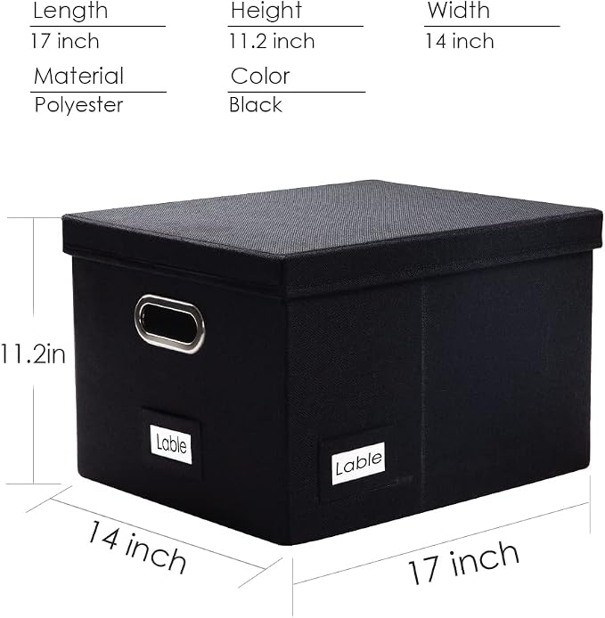 File Organizer Box - Set of 2 Collapsible Decorative Linen Filing Storage Hanging File Folders with Lids Office Cabinet Letter/Legal Size Black (17x14x11.2 inch) - Image 7