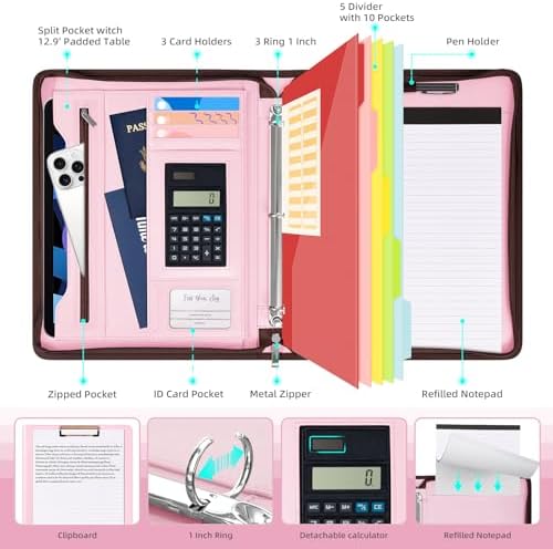 Ospelelf Pink Leather Portfolio Binder 3 Ring, Zippered Clipboard Folder with Storage - 5 Dividers with Pocket, Padfolio for Women,12.1” Tablet Sleeve, Refillable Notepad, Card Slot - Image 3