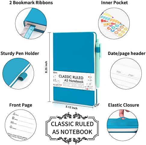 feela 12 Pack Notebooks Journals Bulk, Hardcover Notebook Classic Ruled Journal Set with Pen Holder for School Business Work Travel Writing, with 12 Black Pens, 120 GSM, 5.1”x8.3”, A5, Teal - Image 2