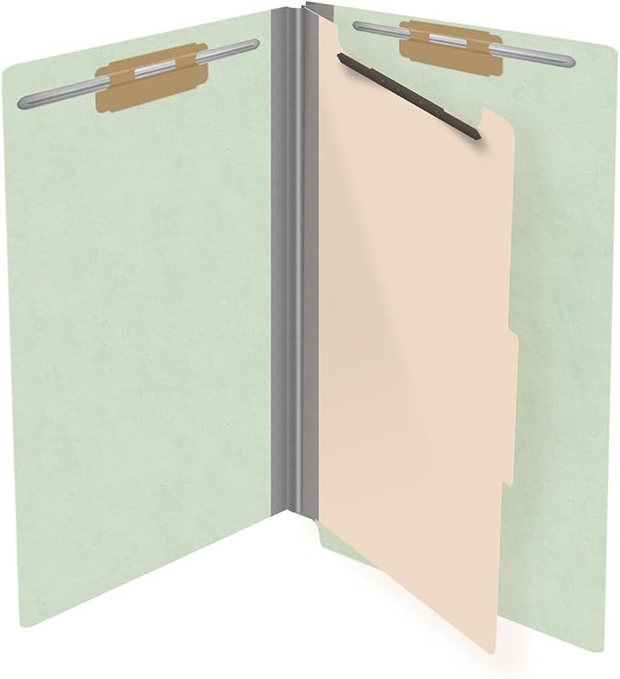Ecom Folders Top Tab Pressboard Classification Folders | Legal Size 25 Pt Stock with 1 Divider | 2/5 Cut ROC Tab for Medical & Office Filing | 4 Filing Sections | Pale Green, Box of 10 - Image 4