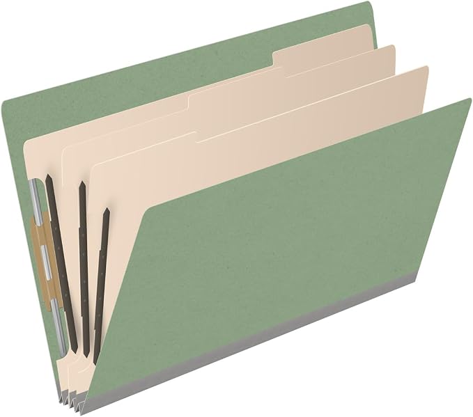 Ecom Folders End Tab Pressboard Classification Folders | Legal Size 25 Pt Type III Stock with 3 Dividers & 3" Tyvek Expansion | 2 Fasteners Pos 1 & 3 for Medical & Office Docs | Green, Box of 10 - Image 2