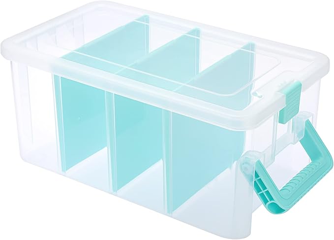 BTSKY Clear Plastic Dividing Storage Box with 4 Deep Compartment Sewing Box | 13.9x7.9x6.2 Inches Adjustable Storage Bin with Lid Portable Craft Storage Container Multipurpose Art Supply Organizer Blue by BTSKY