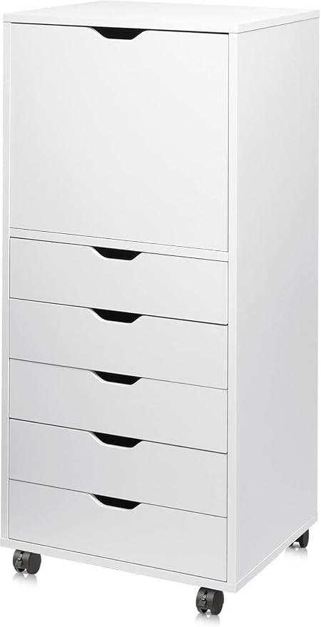 DEVAISE 5 Drawer Cabinet with 1 Door, Mobile Office File Cabinet, White | Wood Rolling Cart, Filing Drawers, Craft Storage Drawer Cabinet, Printer Stand, Home Office by DEVAISE