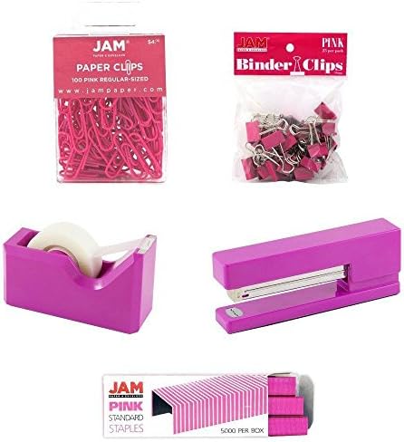JAM PAPER Office Starter Kit - Pink - Stapler, Tape Dispenser, Staples, Paper Clips & Binder Clips - 5/Pack by JAMPaper