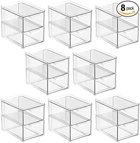 mDesign Stackable Storage Containers Box with 2 Pull-Out Drawers - Stacking Plastic Drawer Bins for Master or Guest Bathroom, Linen Closet, Vanity, or Makeup Table - Lumiere Collection - 8 Pack, Clear by mDesign