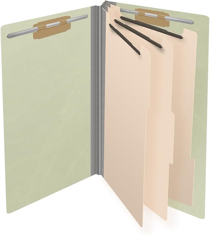 Ecom Folders End Tab Pressboard Classification Folders | Legal Size 25 Pt Type III Stock with 3 Dividers & 3" Tyvek Expansion | 2 Fasteners Pos 1 & 3 for Medical & Office Docs | Light Green, Box of 10 - Image 4