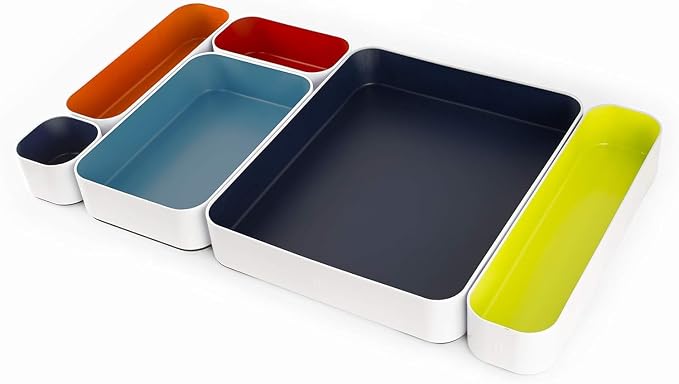 Three by Three Seattle Metal Drawer Organizer Tray Set, 6-Pc, 2" (Classic) | Deep 2" food-safe colorful metal bins; soft non-scratch base; kitchen, vanity, bathroom & office drawer storage by ThreebyThreeSeattle