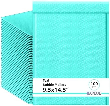 Aqua Teal Bubble Mailers 9.5x14.5, Poly Padded Envelopes #4, 100 Pack by BAYLUE