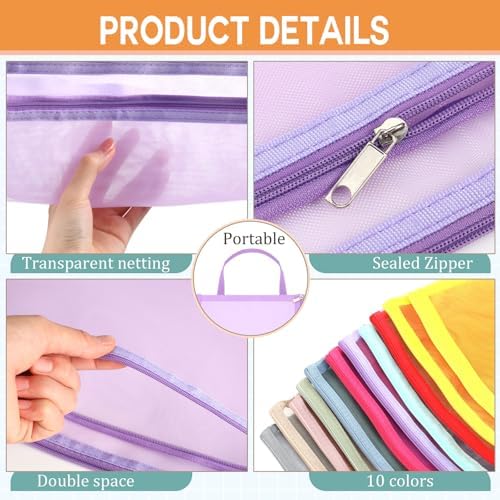 Marspark 30 Pack 10 Color Mesh Zipper Pouch Bags A4 Nylon Organizing Bags Breathable See Through Zipper Pouch with Handle for Office Games - Image 3