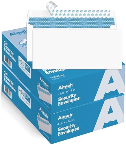 Aimoh 1000#10 Security Self-Seal Envelopes, Windowless Design, Premium Security Tint Pattern, Strong Quick-Seal Closure - EnveGuard - Size 4-1/8 x 9-1/2 Inches -White-24 LB- 1000 Count (34010-1000) by Aimoh