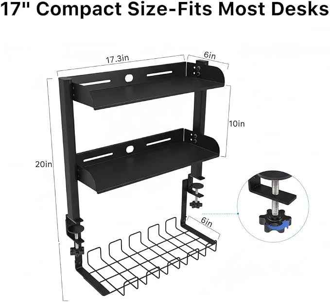 Clamp On Desk Shelf, 17'' 2-Tier Desktop Organizer Shelf with Under-Desk Hidden Storage Basket, Heavy-Duty Desk Shelves for Top of Desk, Space-Saving Desk Storage for Home Office Gaming Setup (Black) - Image 3