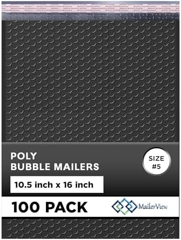 Jet Black Bubble Mailers 10.5x16 Poly Padded Envelopes #5, 100 Pack by MAILERVIEW
