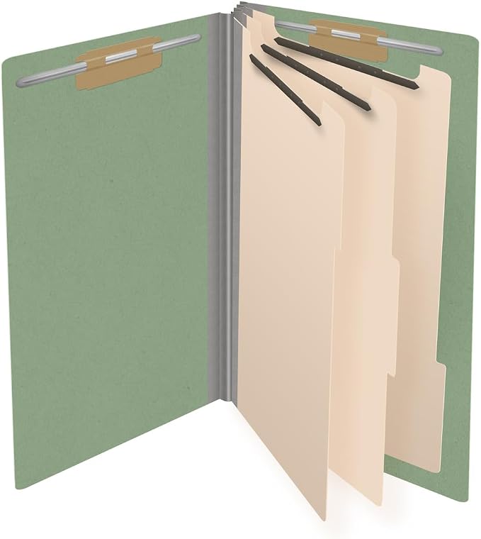 Ecom Folders End Tab Pressboard Classification Folders | Legal Size 25 Pt Type III Stock with 3 Dividers & 3" Tyvek Expansion | 2 Fasteners Pos 1 & 3 for Medical & Office Docs | Green, Box of 10 - Image 4