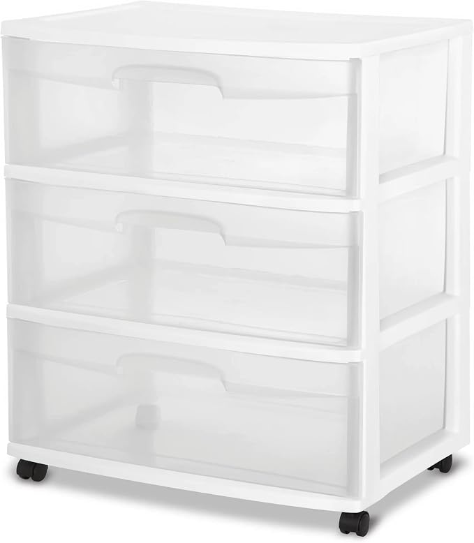 Plastic Storage Drawer Cart, Medium Home Organization Storage Container with 3 Large Clear Drawers With Wheels (White) by Unknown