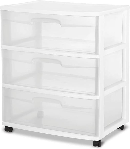 Plastic Storage Drawer Cart, Medium Home Organization Storage Container with 3 Large Clear Drawers With Wheels (White) by Unknown