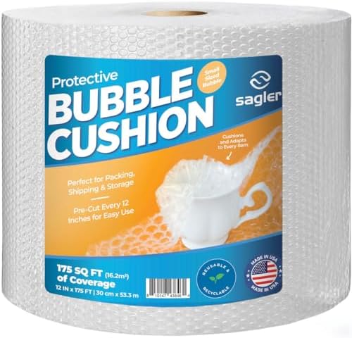 Bubble cusion for Packing & Moving - 12" Width X 175 FT - Bubble cusion for Moving, Extra Protection for Shipping, Packaging Boxes & Mailers, Perforated Every 12 IN, Clear Cushioning Wrap by Sagler