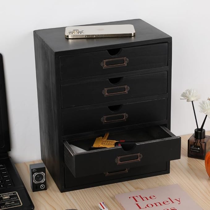 Small Wooden Drawers Wooden Box with Drawer, Black 5 Wood Drawer | Countertop Storage Box for Apothecary Cabinet, Apothecary Drawers，Desktop Organizer for Office，Home - Image 5
