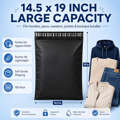 Fuxury Large Poly Mailers 14.5x19" 100Pcs,Shipping Bags for Clothing,Black - Image 2