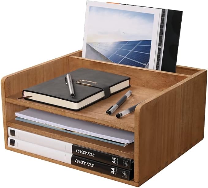 DDYURI 3 Tier Desktop Letter Tray for Office Desk Organizer and Accessories - Wood File Folder Holder for Paper Document Organizer Mail Sorter Workspace Counter Storage Book Shelf Light WJJ3K-LT by DDYURI