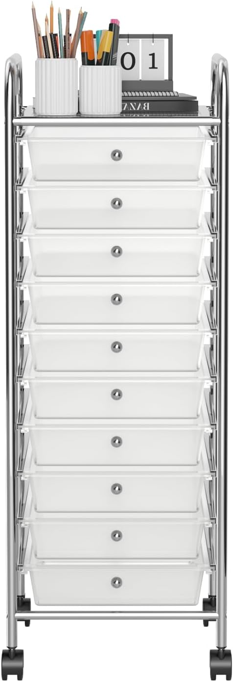 Storage Cart, Rolling Utility Cart with 10 Drawers, Portable Handles & Lockable Wheels, Mobile Paper Toys Storage Organizer Large Capacity for Home Office School Teacher (Clear) by OFFICEJOY