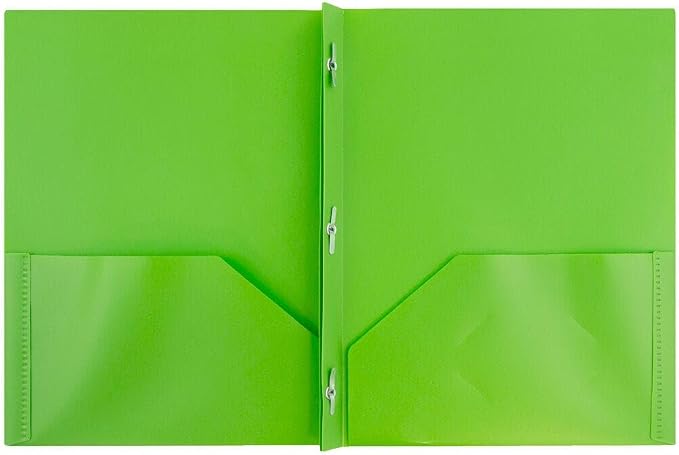 JAM PAPER Plastic 2 Pocket POP Folders - Durable School Folders with Metal Prongs Fastener Clasps - Lime Green - 24/Pack - Image 2