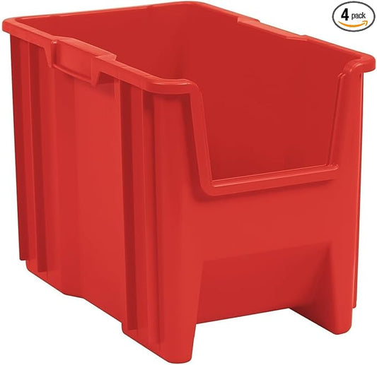Akro-Mils 13014 Stak-N-Store Heavy Duty Stackable Open Front Plastic Storage Container Bin, (17-1/2" x 11" x 12-1/2"), Red, (4-Pack) by Akro-Mils