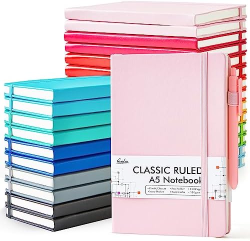 feela 24 Pack Journal Notebook Bulk for Work, Business Notebook Hardcover Lined Writing Journal with Pen Holder for Students Women Note Taking, with 24 Black Pens, 120 GSM, 5.1”x8.3”, A5, Solid Colors by feela