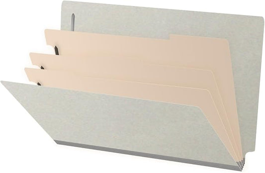 Ecom Folders End Tab Pressboard Classification Folders | Legal Size 25 Pt Type III Stock with 3 Dividers & 3" Tyvek Expansion | 2 Fasteners Pos 1 & 3 for Medical & Office Docs | Light Gray, Box of 10 by Ecom+Folders