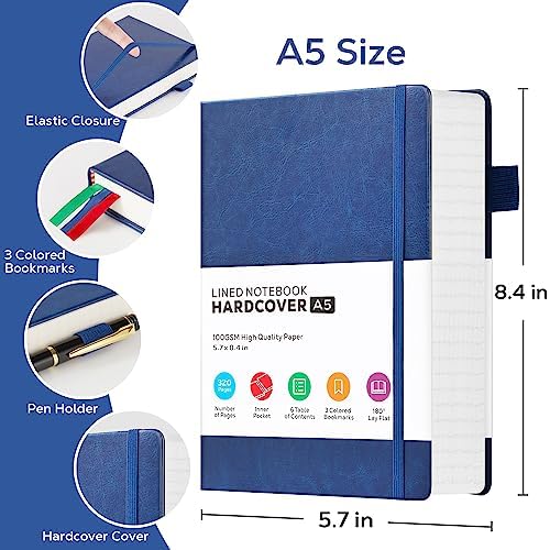 FOCUS DAY Thick Notebook Journal, Leather A5 Notebooks College Ruled 320 Pages Lined Paper Notebooks, Hardcover Journal Notebook for Writing Women and Men, 5.7'' X 8.4'', Dark Blue - Image 2