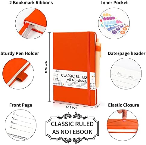 12 Pack Notebooks Journals Bulk with 12 Black Pens, Feela A5 Hardcover Notebook Classic Ruled Journal Set with Pen Holder for School Business Work Travel Writing, 120 GSM, 5.1”x8.3”, Orange - Image 2