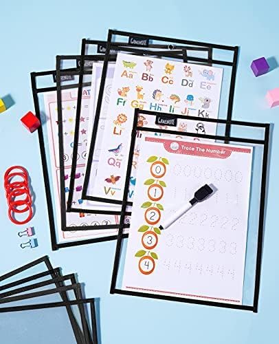 GAMENOTE 30 Pack Dry Erase Pockets, 10x14 Reusable Sleeves, Black | 30 reusable PVC pockets hold 8.5 x 11 and 9 x 12 sheets; double sided wipe clean surfaces, pen loops, eyelets, and 5 rings - Image 8