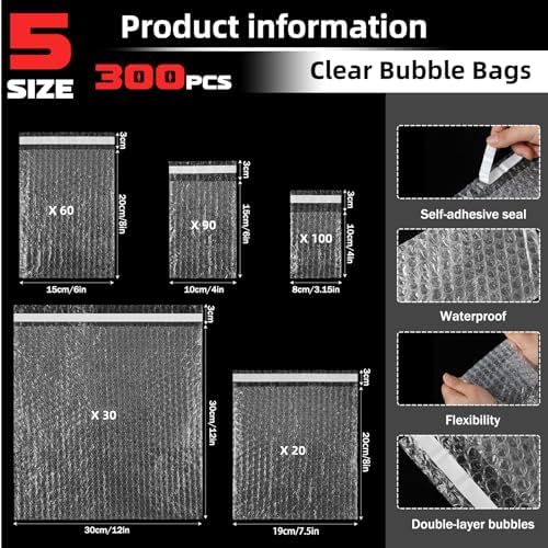 Frienda 300 Pcs Self Adhesive Bubble Bags Packing Pouches, Mixed Sizes - Image 2